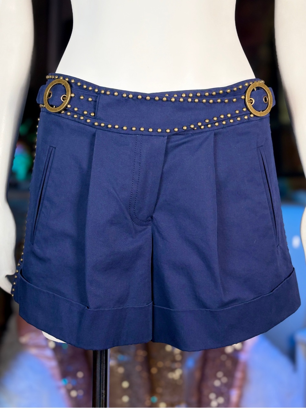 Tracy Reese Navy Blue Stretch Cotton Pleated Gold Stud Double Buckle Shorts Sz 6